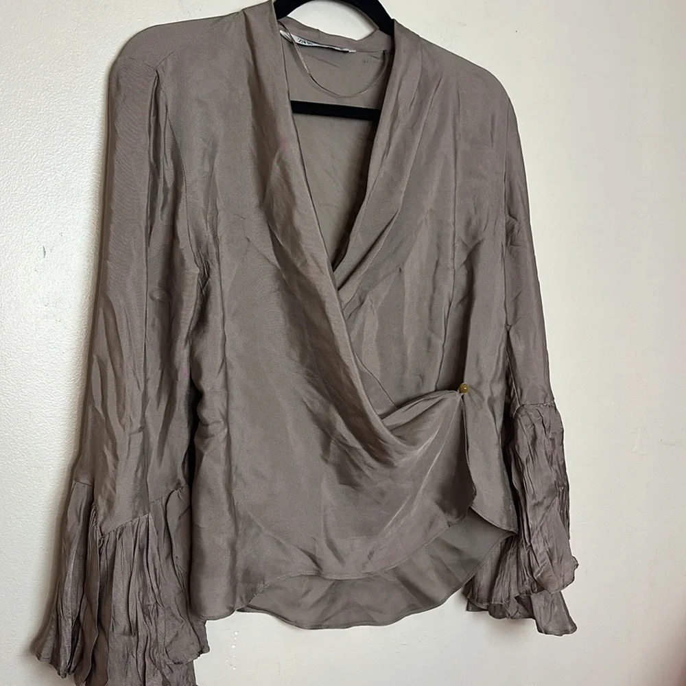 Zara Wrap Surplice Ruffle Sleeve Satin Look Taupe Grey Blouse - Picture 5 of 9